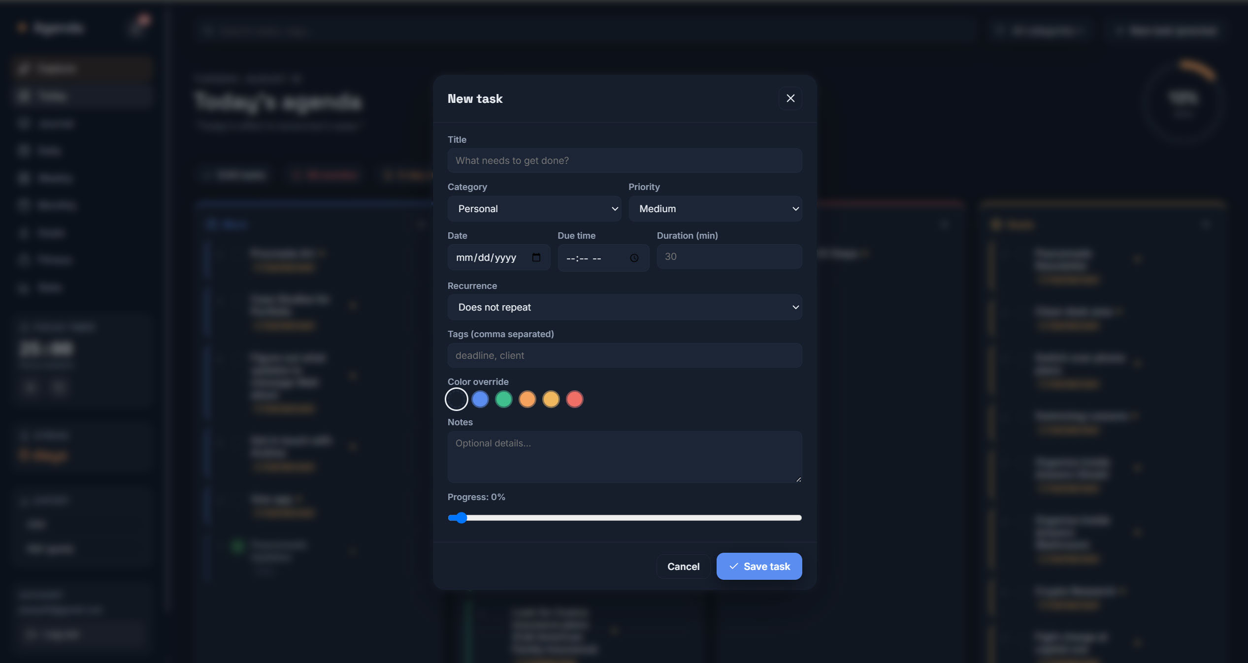 Daily Agenda's New task form, with fields for title, category, priority, date, recurrence, tags and color
